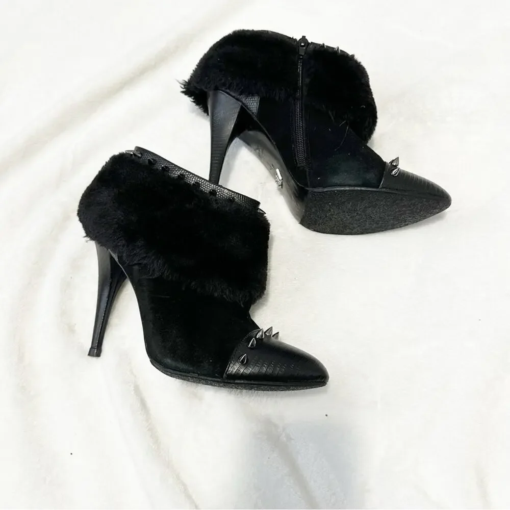ABS Allen Schwartz Black Studded Ankle Boots fur heeled booties spiked size 8